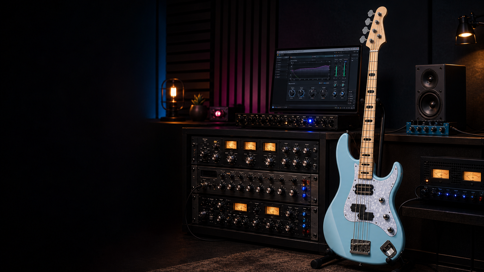 Original studio scene with a cosmic-blue Attitude-style four-string bass, generic rack processors and plugin controls.