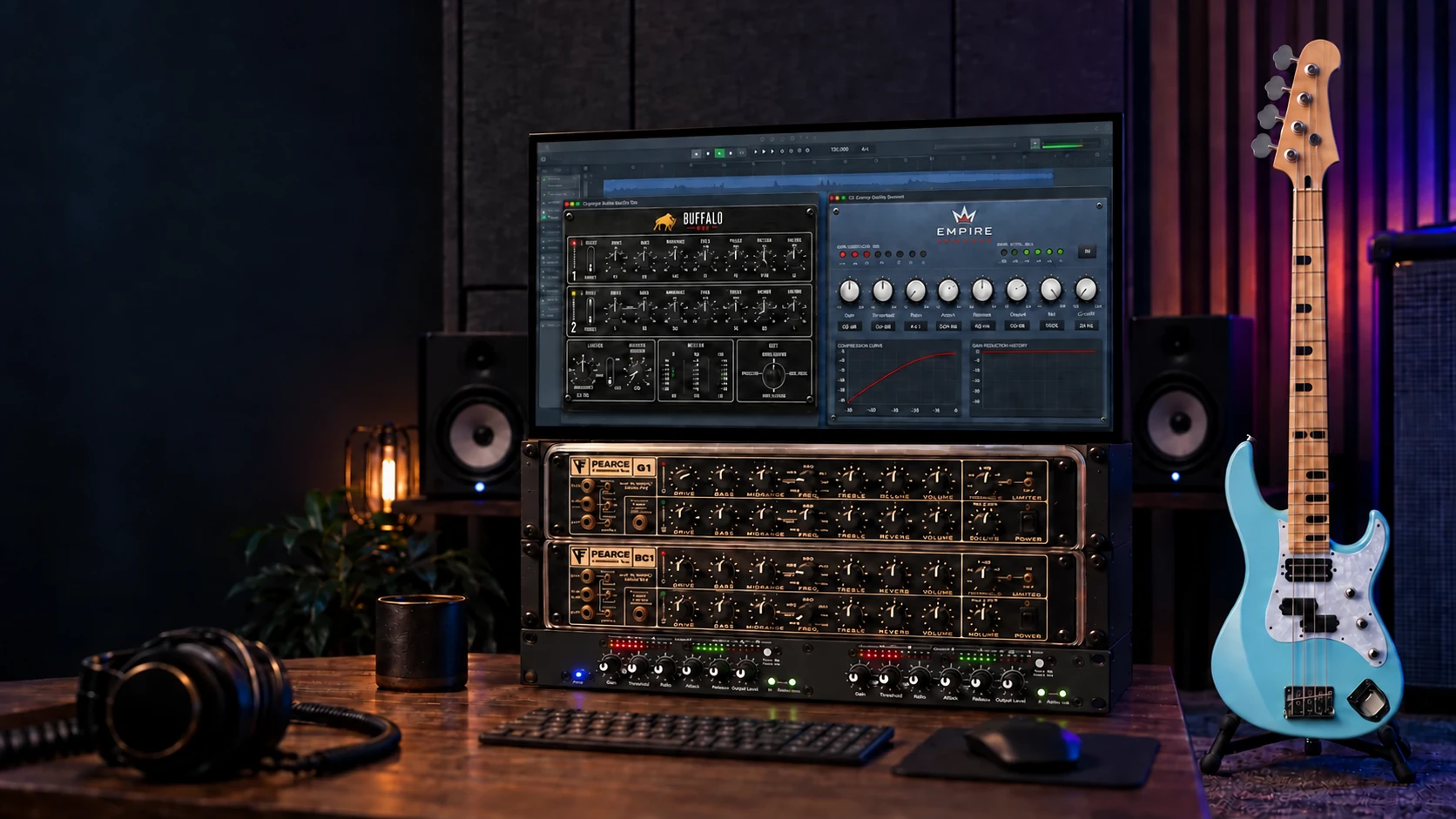 Studio scene with Pearce G1 and BC1 preamps, an unbranded CLX52 compressor, a Sonic Blue bass, and Buffalo One and Empire Squeeze plugins on the monitor.